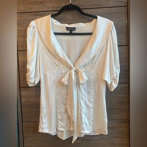 Vtg Bebe off white cream silk button up shirt / top / blouse with tie fits M-L